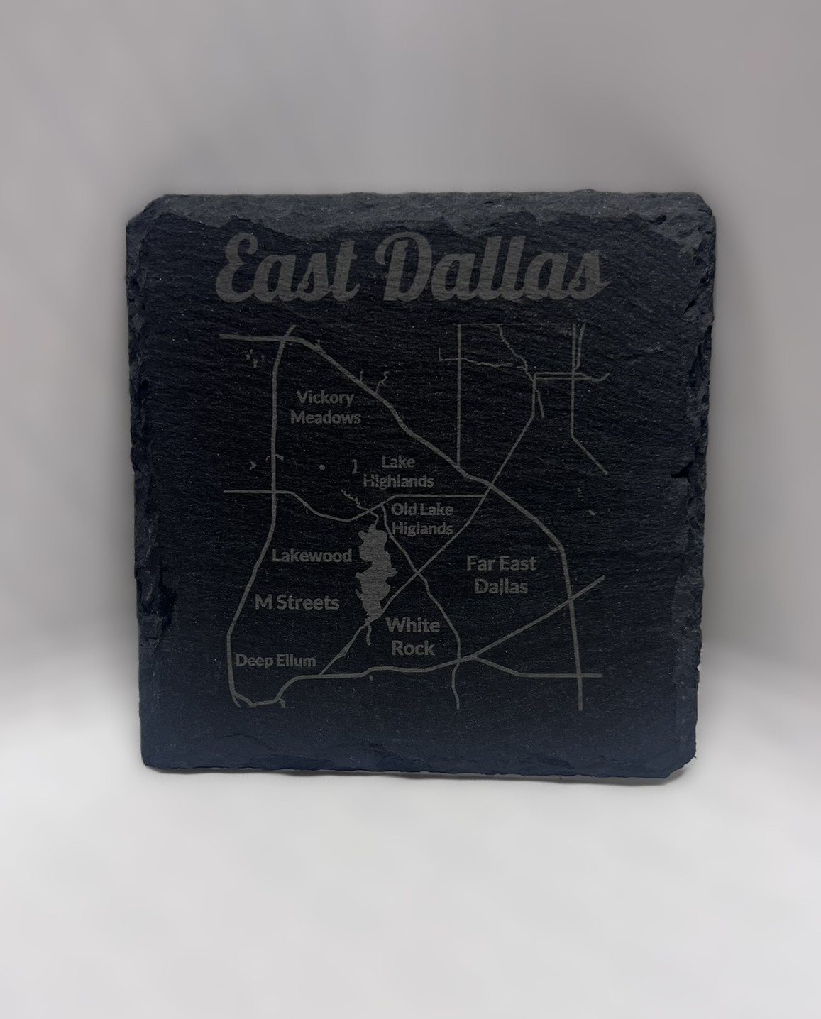 Square slate coaster engraved map of East Dallas